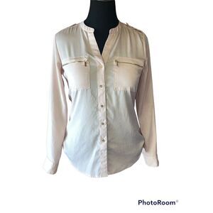 Calvin Klein light pink pocket front button up blouse small career